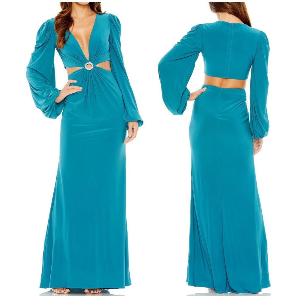 Mac Duggal NWT Jersey Puff Sleeve Cut Out Jersey Gown Ocean Blue Size 8 Deep V
